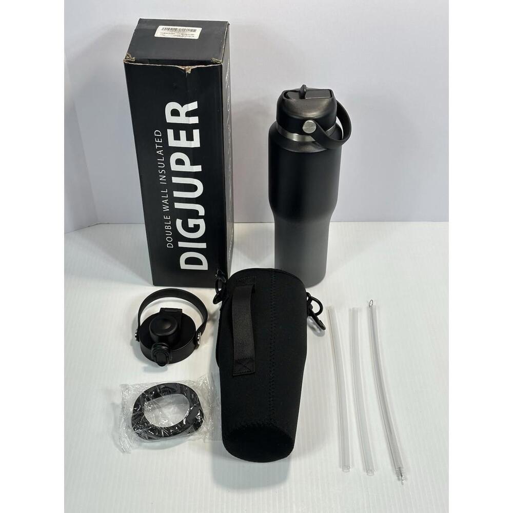 32oz Insulated Water Bottle Straw Spout‎ Lid Protective Boot Vacuum Black Gray